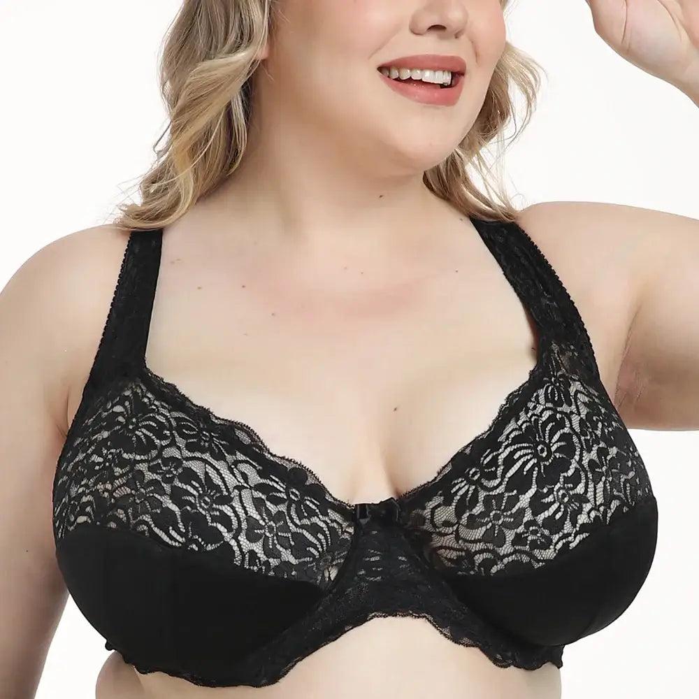 Minimizer Brassiere; Plus Size; Lace Bra - Black / G / 44