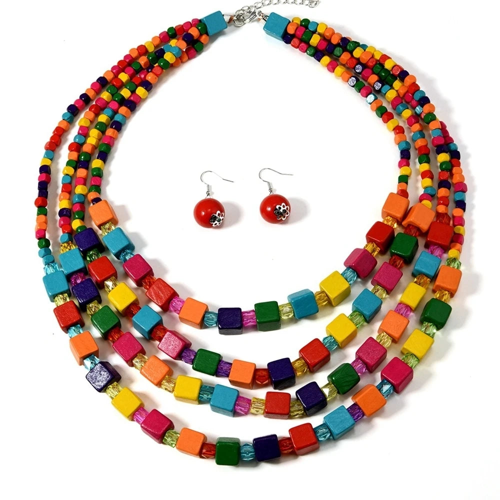 Colorful Square Wood Bead; Handmade Necklace