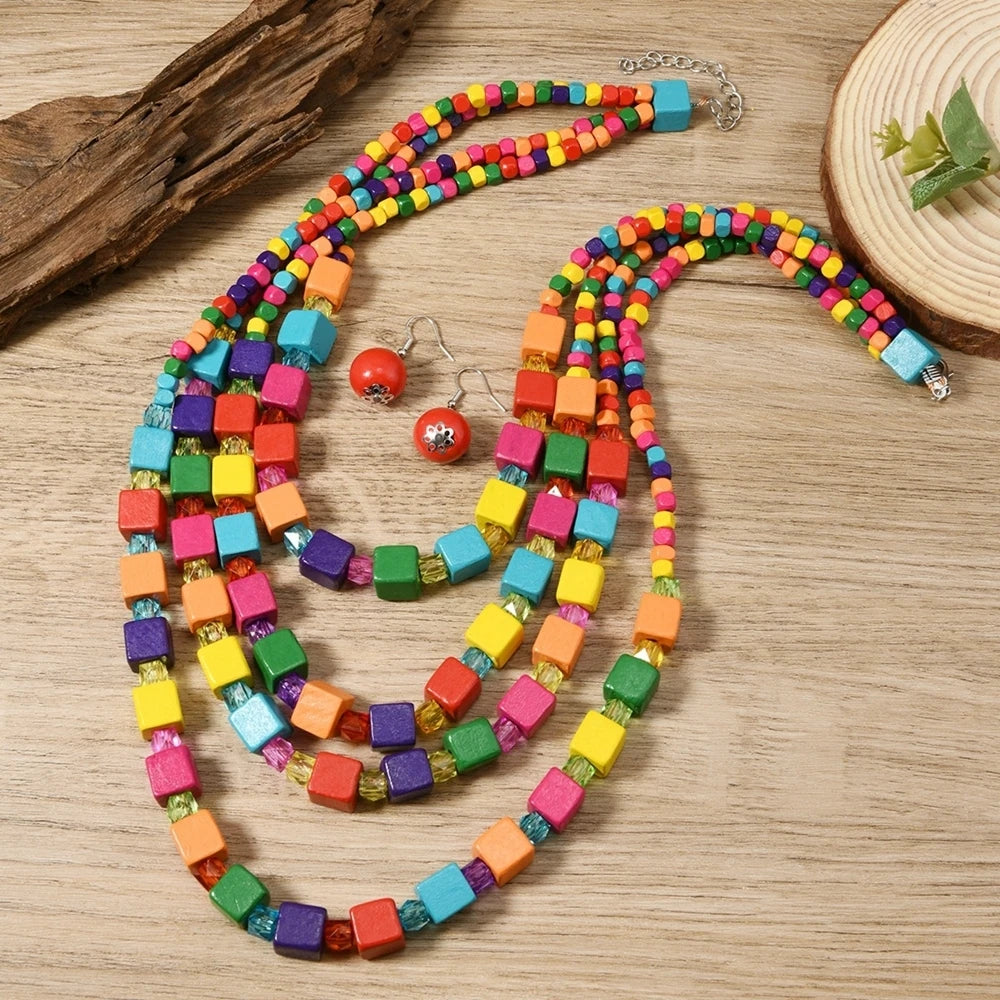 Colorful Square Wood Bead; Handmade Necklace