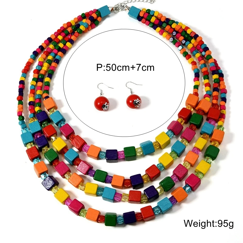 Colorful Square Wood Bead; Handmade Necklace