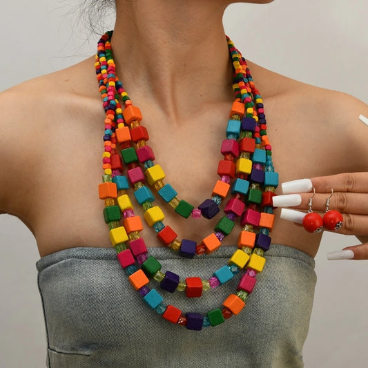 Colorful Square Wood Bead; Handmade Necklace