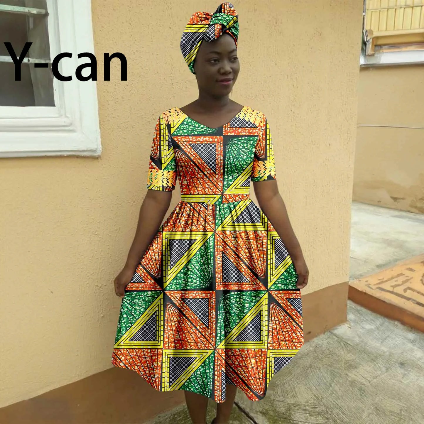 Dresses V-neck with Headscarf,  Dashiki Print ( 7 variants)