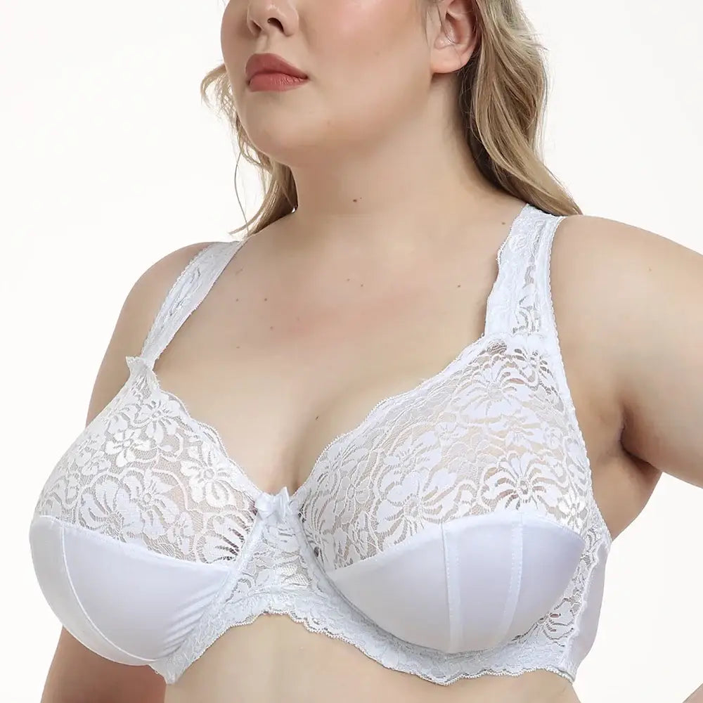 Minimizer Brassiere; Plus Size; Lace Bra - White / hh / 44